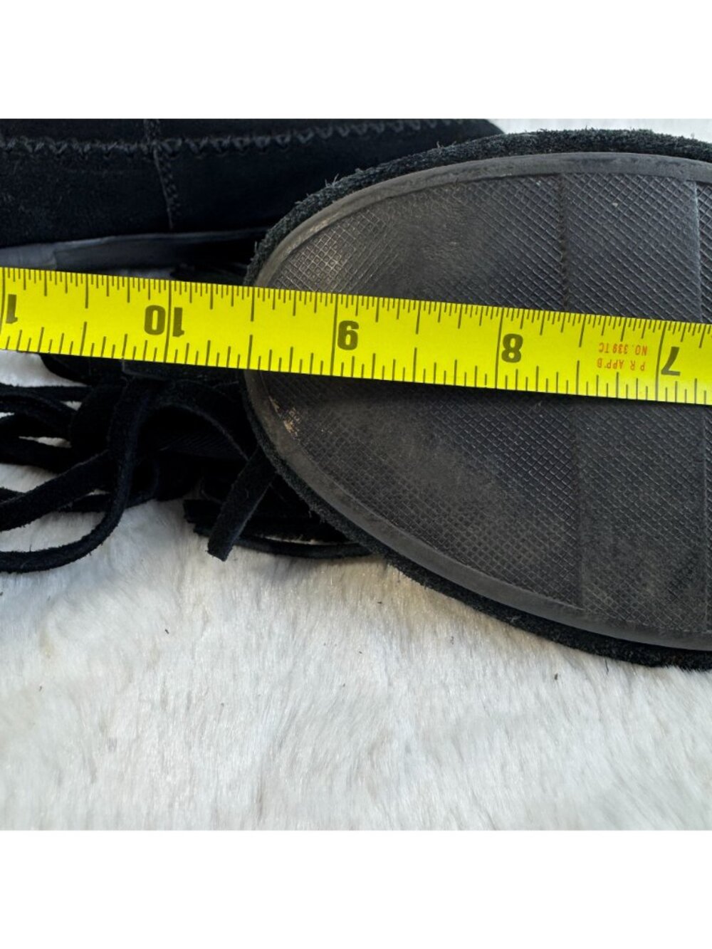 LC Lauren Conrad Thia Black Suede 3 Tier Fringe MidCalf Moccasin Boots Women 6M - Picture 9 of 14
